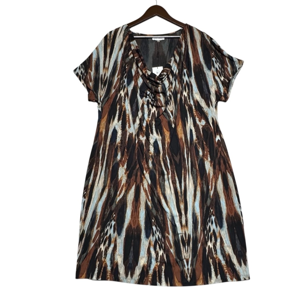 Calvin Klein Plus Size Dress 2X Brown Multicolored Abstract Print NWT Above Knee
